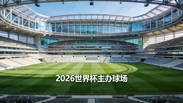 2026世界杯主办球场全景，绿色草坪与宏伟看台，商务正式风格