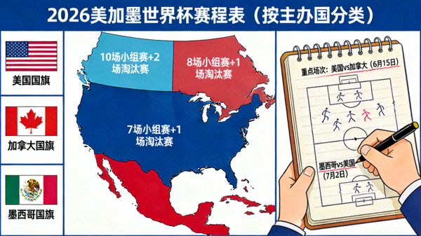 2026美加墨世界杯赛程表按主办国分类查看比赛，主帅笔记插图，三国国旗与赛程分布图