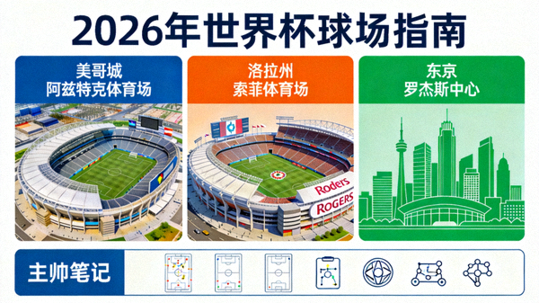 2026年世界杯球场指南主办城市与场馆信息一览，主帅笔记配图，展示美加墨三国球场外观与城市天际线