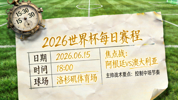 2026世界杯每日赛程比赛日期时间与球场详情，主帅笔记背景，时钟与球场草地图案