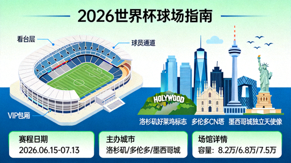 2026世界杯球场指南赛程日期主办城市与场馆详情一览，球探报告配图，展示球场剖面与城市地标