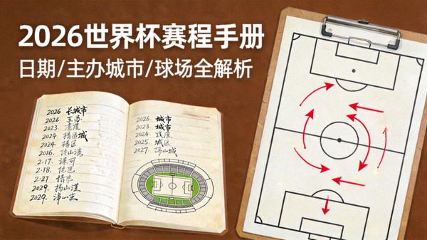 2026世界杯赛程手册日期主办城市与球场全解析，主帅笔记封面风格，手册与战术板元素