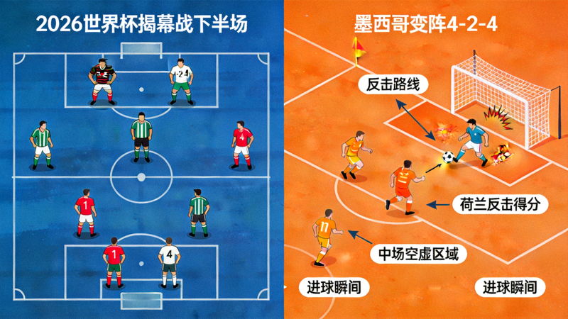 2026世界杯揭幕战下半场墨西哥变阵4-2-4示意图，以及荷兰利用中场空虚反击得分的过程