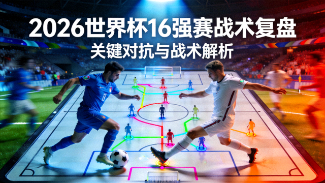 2026世界杯16强赛战术复盘主视觉图，球场战术板与球员对抗瞬间，展现淘汰赛的紧张氛围