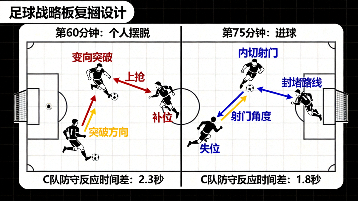 D队球星第60分钟个人摆脱及第75分钟进球的全过程战术板复盘，标注关键的技术动作选择与C队防守反应的时间差