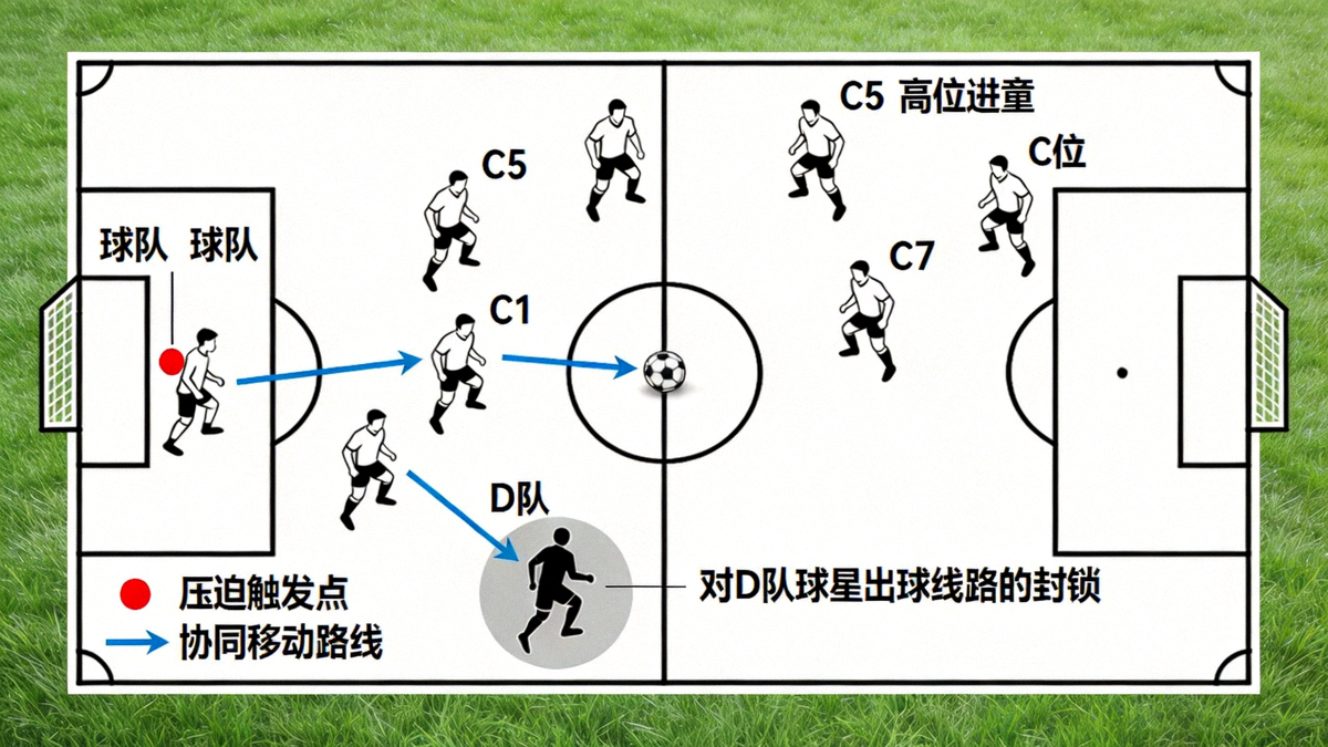 球队C上半场高位逼抢体系示意图，标注其压迫触发点、协同移动路线及对D队球星出球线路的封锁