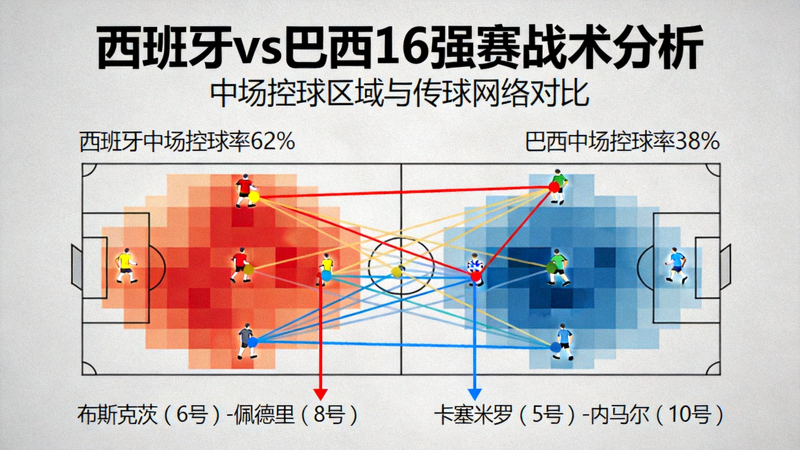 西班牙对阵巴西的16强赛战术分析图，展示双方中场控球区域与传球网络