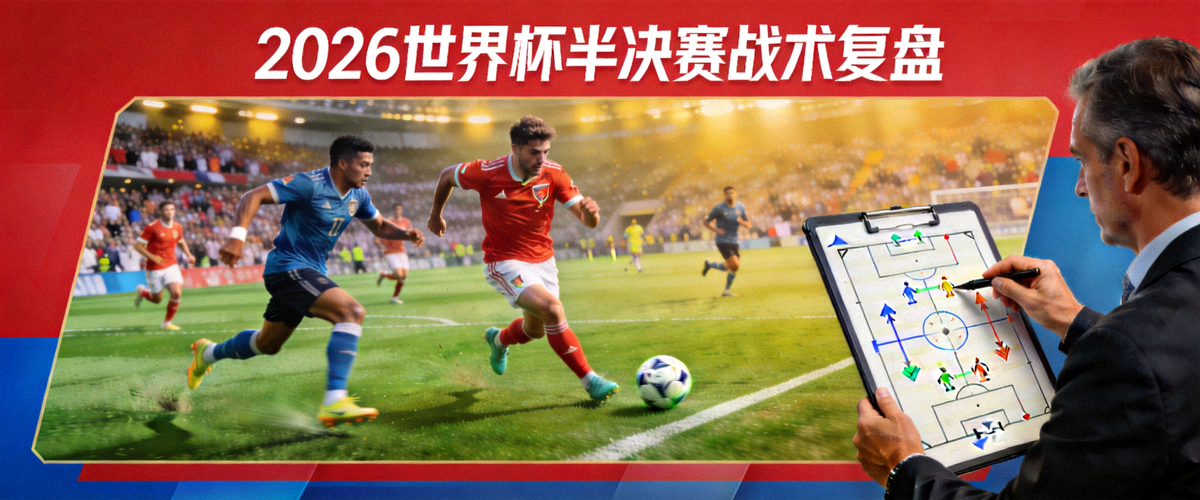 2026世界杯半决赛战术复盘主视觉图：两支球队在球场上的激烈对抗，教练在场边指挥，战术板清晰可见