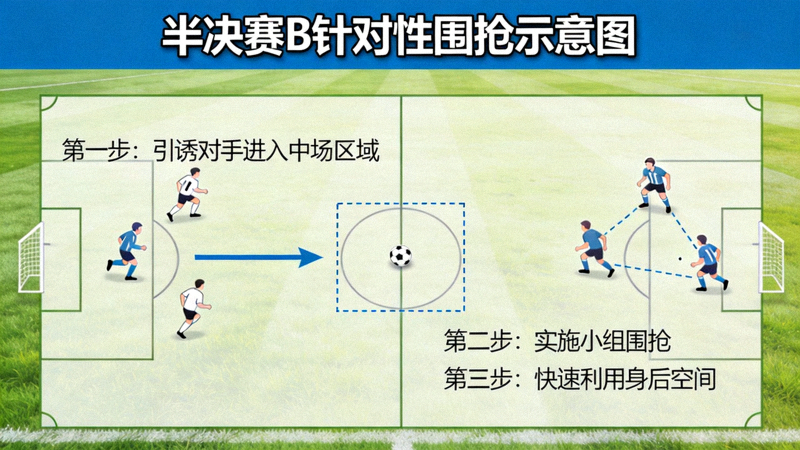 半决赛B针对性围抢示意图：引诱对手进入中场区域后实施小组围抢，并快速利用身后空间