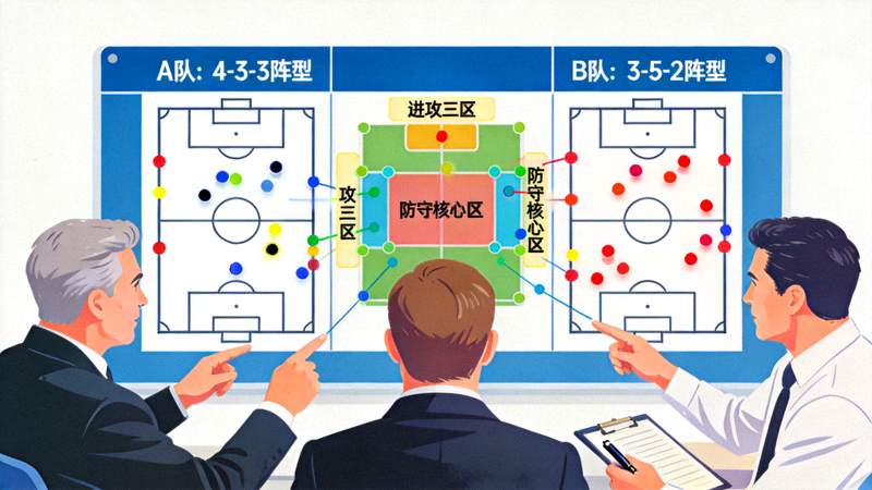 决赛前战术分析板示意图：A队与B队的预设阵型与关键区域标记，教练组正在讨论战术细节