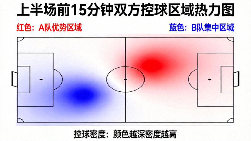 上半场前15分钟双方控球区域热力图：A队在中场右路形成明显优势区域，B队控球集中在左半场
