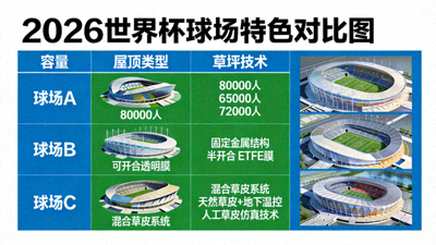 2026世界杯球场特色对比图，容量、屋顶类型、草坪技术对比