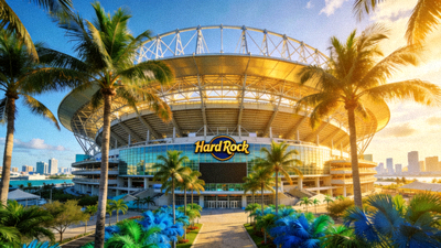 迈阿密 Hard Rock Stadium 球场外观，热带风格与露天设计